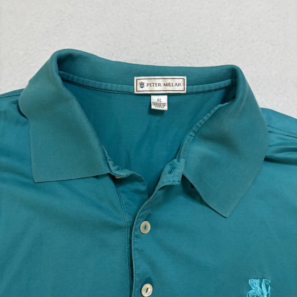 Peter Millar Mens XL Teal Blue Cotton Polo Shirt Griffin Logo Short Sleeve Golf